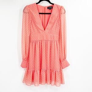 Saloni Swiss Dot V-Neck Long Sleeve Dress Ruffle Hem
